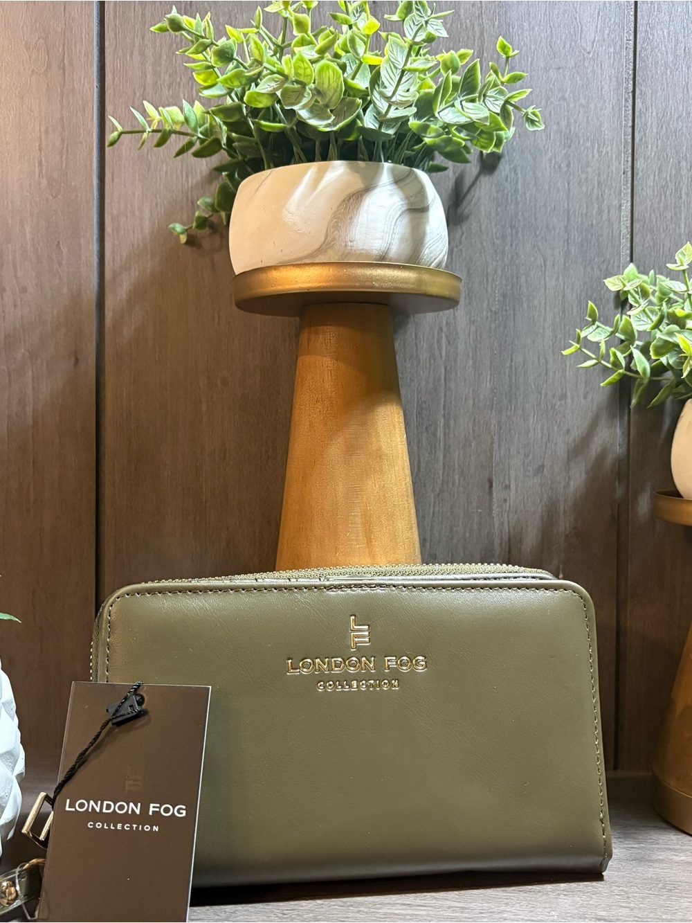 London Fog Olive Zip-Around Wallet with Gold Logo